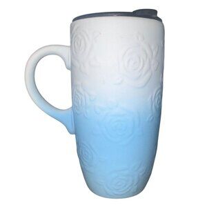 Petal & Pearl White & Blue Ombre Travel Mug With Rose Embossed Design & Black Li